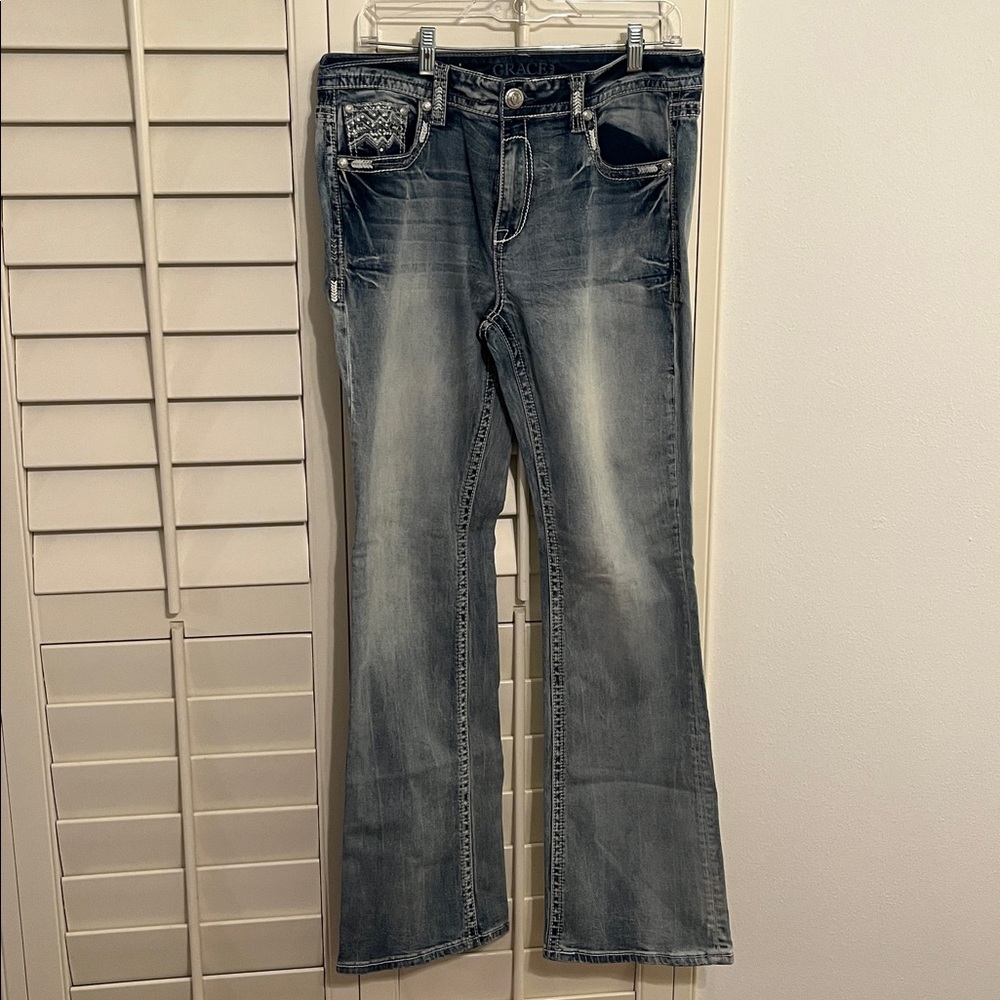 Grace in LA Women's Light Blue Boot Cut Jeans Rhinestone Detail Inseam 31.5”